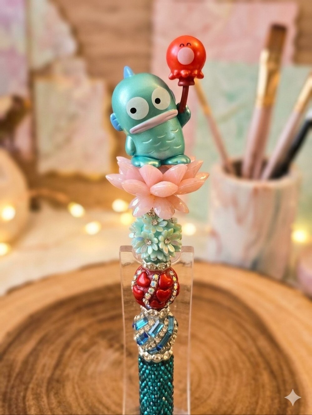 Hand Crafted Hangyodon Teal Fish Charm Pen with Pink Flower and Orange Balloon